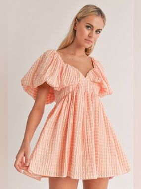 Klesis Orange Sweetheart Neckline Puff Sleeve A-line Mini Dress Small Gingham
